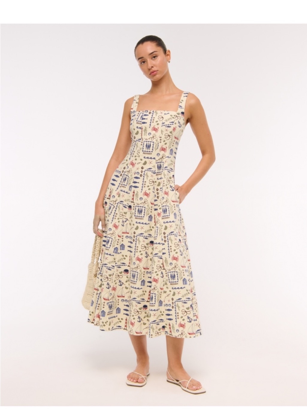 Abercrombie & Fitch Cream Midi Dress With Blue And Red Print
